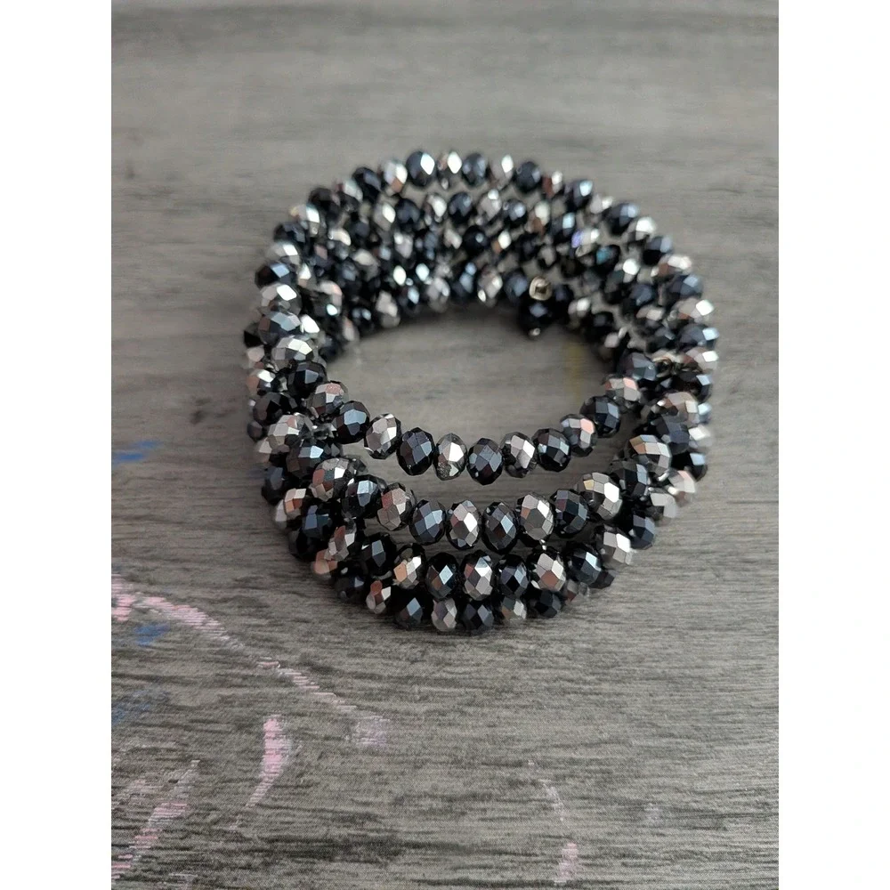 Black and Silver Faceted Glass Bead Multi Wrap Memory Wire Bracelet